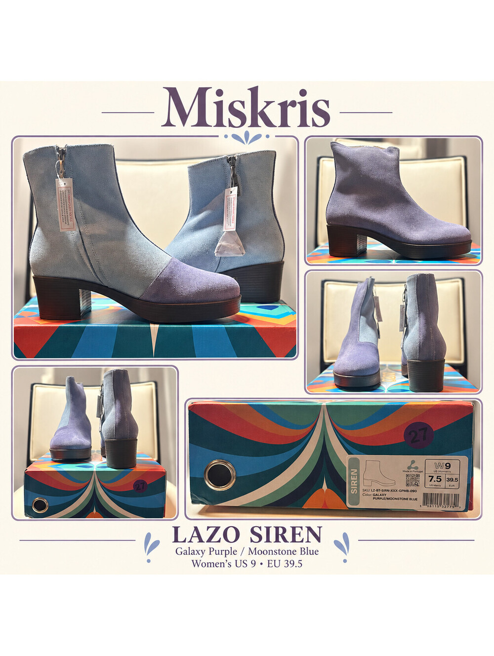 Lazo Siren Boots Womens 9 Galaxy Purple Moonstone Blue Suede Colorblock Platform